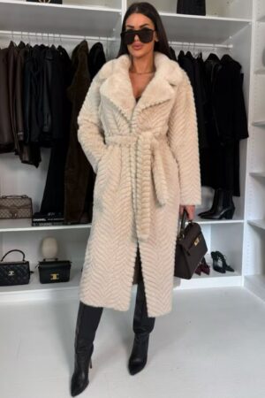 ΠΑΛΤΟ ΓΟΥΝΙΝΟ ΜΑΚΡΥ ΜΕ ΑΝΑΓΛΥΦΗ ΥΦΗ ΚΑΙ ΖΩΝΗ - ΚΡΕΜ