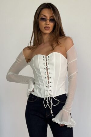 ΜΠΛΟΥΖΑ CORSET ΜΕ ΔΙΑΦΑΝΕΙΑ ΣΤΑ ΜΑΝΙΚΙΑ - ΛΕΥΚΟ