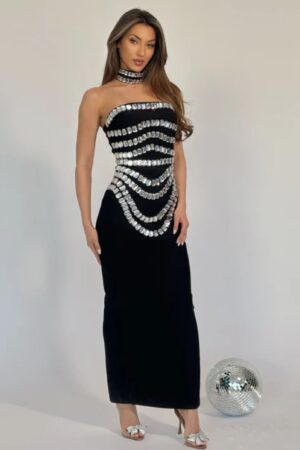 ΦΟΡΕΜΑ MAXI STRAPLESS ΜΕ STRASS ΚΑΙ CHOKER - ΜΑΥΡΟ