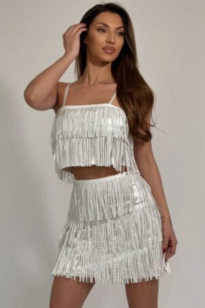 ΣΕΤ CROP TOP ΚΑΙ ΦΟΥΣΤΑ MINI ΜΕ ΚΡΟΣΣΙΑ ΚΑΙ STRASS - ΛΕΥΚΟ