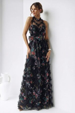 ΦΟΡΕΜΑ MAXI HALTER NECK ΜΕ ΒΟΛΑΝ FLORAL - ΜΑΥΡΟ
