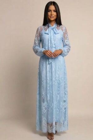 ΦΟΡΕΜΑ MAXI ΜΕ FLORAL ΔΑΝΤΕΛΑ ΚΑΙ ΔΕΣΙΜΟ ΣΤΟ ΛΑΙΜΟ - ΓΑΛΑΖΙΟ