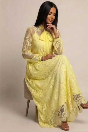 ΦΟΡΕΜΑ MAXI ΜΕ FLORAL ΔΑΝΤΕΛΑ ΚΑΙ ΔΕΣΙΜΟ ΣΤΟ ΛΑΙΜΟ - ΚΙΤΡΙΝΟ