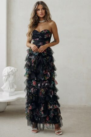 ΦΟΡΕΜΑ MAXI STRAPLESS ΜΕ ΒΟΛΑΝ FLORAL - ΜΑΥΡΟ