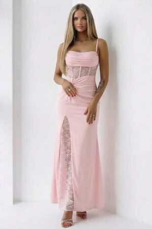 ΦΟΡΕΜΑ MAXI CORSET ΝΤΡΑΠΕ ΜΕ ΜΕ ΔΑΝΤΕΛΑ - ΡΟΖ