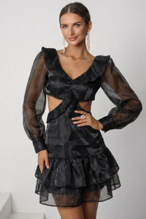 ΦΟΡΕΜΑ ΜΙΝΙ ΜΕ CUT OUTS ΚΑΙ ΒΟΛΑΝ - ΜΑΥΡΟ