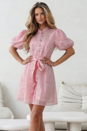 ΦΟΡΕΜΑ ΜΙΝΙ ΜΕ STRASS ΚΑΙ ΖΩΝΗ - ΡΟΖ