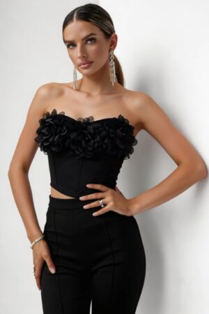 TOP CORSET STRAPLESS ΜΕ ΤΡΙΑΝΤΑΦΥΛΛΑ - ΜΑΥΡΟ