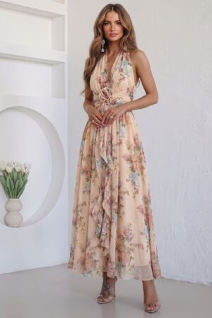 ΦΟΡΕΜΑ MAXI FLORAL ΜΕ ΑΝΟΙΧΤΗ ΠΛΑΤΗ - ΜΠΕΖ