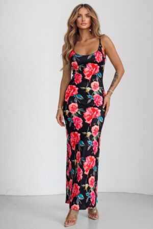 ΦΟΡΕΜΑ MAXI FLORAL ΣΑΤΕΝ ΜΕ ΤΙΡΑΝΤΕΣ - ΜΑΥΡΟ