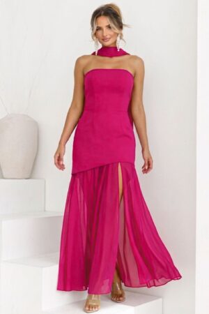 ΦΟΡΕΜΑ MAXI STRAPLESS ΜΕ ΔΙΑΦΑΝΕΙΑ ΚΑΙ ΦΟΥΛΑΡΙ - ΦΟΥΞΙΑ