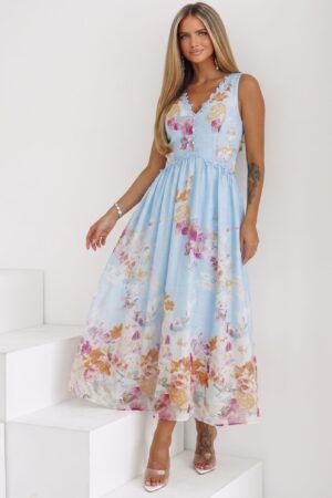 ΦΟΡΕΜΑ MIDI FLORAL ΑΜΑΝΙΚΟ ΜΕ ΛΕΠΤΟΜΕΡΕΙΕΣ ΔΑΝΤΕΛΑΣ - ΓΑΛΑΖΙΟ