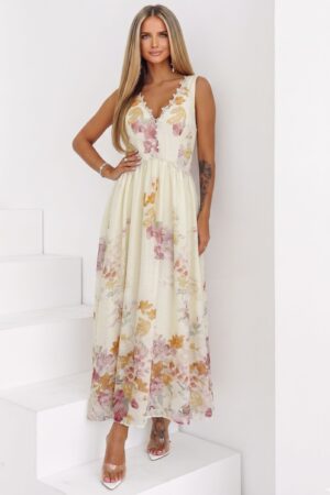 ΦΟΡΕΜΑ MIDI FLORAL ΑΜΑΝΙΚΟ ΜΕ ΛΕΠΤΟΜΕΡΕΙΕΣ ΔΑΝΤΕΛΑΣ - ΜΠΕΖ