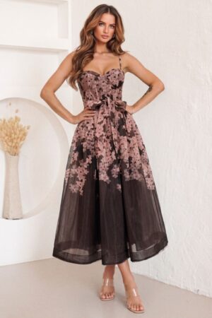 ΦΟΡΕΜΑ MIDI CORSET FLORAL ΜΕ ΖΩΝΗ - ΚΑΦΕ