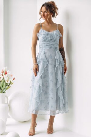 ΦΟΡΕΜΑ MIDI FLORAL ΜΕ ΤΙΡΑΝΤΕΣ ΚΑΙ ΒΟΛΑΝ - ΓΑΛΑΖΙΟ