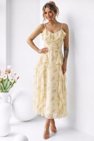 ΦΟΡΕΜΑ MIDI FLORAL ΜΕ ΤΙΡΑΝΤΕΣ ΚΑΙ ΒΟΛΑΝ - ΚΙΤΡΙΝΟ