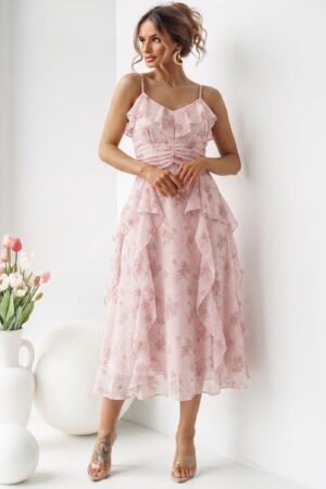 ΦΟΡΕΜΑ MIDI FLORAL ΜΕ ΤΙΡΑΝΤΕΣ ΚΑΙ ΒΟΛΑΝ - ΡΟΖ