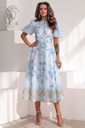 ΦΟΡΕΜΑ MIDI FLORAL ΜΕ BALLOON ΜΑΝΙΚΙΑ - ΓΑΛΑΖΙΟ