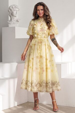 ΦΟΡΕΜΑ MIDI FLORAL ΜΕ BALLOON ΜΑΝΙΚΙΑ - ΚΙΤΡΙΝΟ