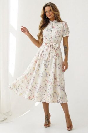 ΦΟΡΕΜΑ MIDI FLORAL ΜΕ ΚΟΥΜΠΙΑ ΚΑΙ ΖΩΝΗ - ΜΠΕΖ