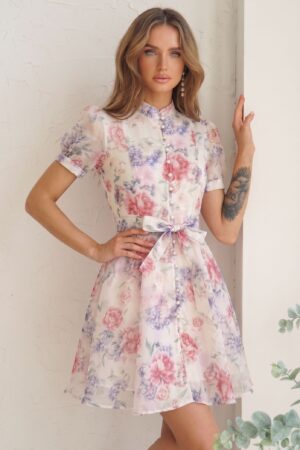 ΦΟΡΕΜΑ MΙNI FLORAL ΣΕΜΙΖΙΕ ΜΕ ΖΩΝΗ - ΡΟΖ