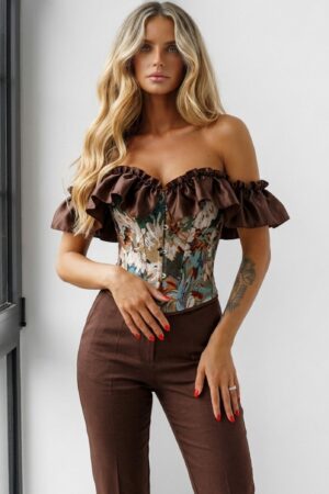 TOP CORSET FLORAL ΜΕ ΣΑΤΕΝ ΒΟΛΑΝ - ΚΑΦΕ