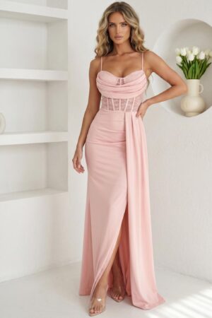 ΦΟΡΕΜΑ MAXI CORSET ΝΤΡΑΠΕ ΜΕ ΣΚΙΣΙΜΟ ΣΤΟ ΠΟΔΙ - ΡΟΖ