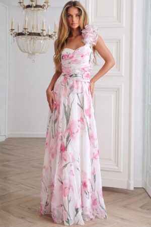 ΦΟΡΕΜΑ MAXI FLORAL ΜΕ ΕΝΑΝ ΩΜΟ - ΡΟΖ
