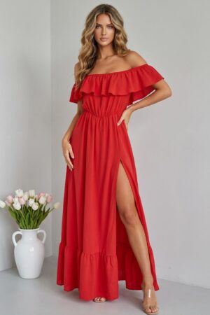 ΦΟΡΕΜΑ MAXI OFF SHOULDER ΜΕ ΣΚΙΣΙΜΟ ΣΤΟ ΠΟΔΙ - ΚΟΚΚΙΝΟ