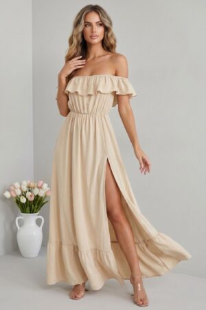 ΦΟΡΕΜΑ MAXI OFF SHOULDER ΜΕ ΣΚΙΣΙΜΟ ΣΤΟ ΠΟΔΙ - ΜΠΕΖ