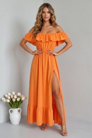 ΦΟΡΕΜΑ MAXI OFF SHOULDER ΜΕ ΣΚΙΣΙΜΟ ΣΤΟ ΠΟΔΙ - ΠΟΡΤΟΚΑΛΙ