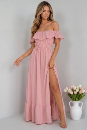 ΦΟΡΕΜΑ MAXI OFF SHOULDER ΜΕ ΣΚΙΣΙΜΟ ΣΤΟ ΠΟΔΙ - ΡΟΖ
