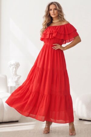 ΦΟΡΕΜΑ MAXI OFF SHOULDER ΜΕ ΒΟΛΑΝ - ΚΟΚΚΙΝΟ