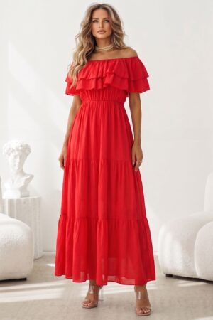 ΦΟΡΕΜΑ MAXI OFF SHOULDER ΜΕ ΒΟΛΑΝ - ΚΟΚΚΙΝΟ