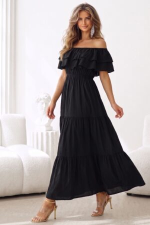 ΦΟΡΕΜΑ MAXI OFF SHOULDER ΜΕ ΒΟΛΑΝ - ΜΑΥΡΟ