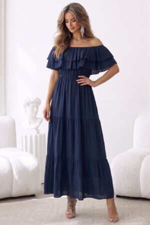 ΦΟΡΕΜΑ MAXI OFF SHOULDER ΜΕ ΒΟΛΑΝ - ΜΠΛΕ