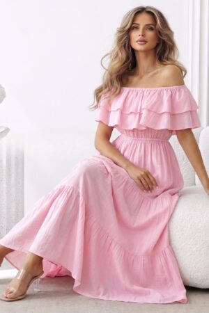 ΦΟΡΕΜΑ MAXI OFF SHOULDER ΜΕ ΒΟΛΑΝ - ΡΟΖ