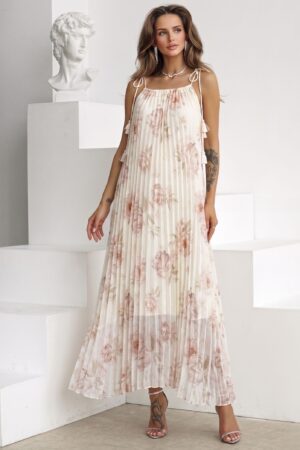 ΦΟΡΕΜΑ MAXI FLORAL ΠΛΙΣΕ ΜΕ ΔΕΤΕΣ ΤΙΡΑΝΤΕΣ - ΚΡΕΜ