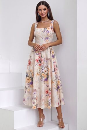 ΦΟΡΕΜΑ MIDI FLORAL ΜΕ ΔΕΣΙΜΟ ΣΤΟ ΛΑΙΜΟ - ΚΡΕΜ