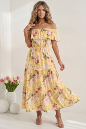 ΦΟΡΕΜΑ MAXI FLORAL OFF SHOULDER ΜΕ ΒΟΛΑΝ - ΚΙΤΡΙΝΟ