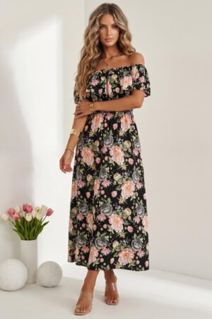 ΦΟΡΕΜΑ MAXI FLORAL OFF SHOULDER ΜΕ ΒΟΛΑΝ - ΜΑΥΡΟ
