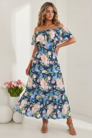 ΦΟΡΕΜΑ MAXI FLORAL OFF SHOULDER ΜΕ ΒΟΛΑΝ - ΜΠΛΕ