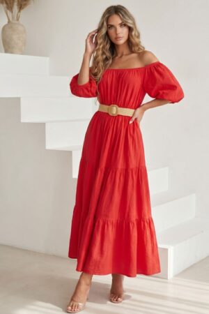 ΦΟΡΕΜΑ MIDI OFF SHOULDER ΜΕ ΖΩΝΗ ΣΤΗ ΜΕΣΗ - ΚΟΚΚΙΝΟ
