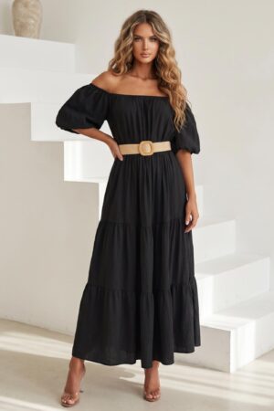 ΦΟΡΕΜΑ MIDI OFF SHOULDER ΜΕ ΖΩΝΗ ΣΤΗ ΜΕΣΗ - ΜΑΥΡΟ