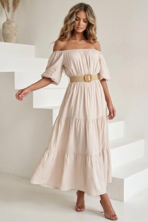 ΦΟΡΕΜΑ MIDI OFF SHOULDER ΜΕ ΖΩΝΗ ΣΤΗ ΜΕΣΗ - ΜΠΕΖ