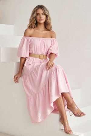 ΦΟΡΕΜΑ MIDI OFF SHOULDER ΜΕ ΖΩΝΗ ΣΤΗ ΜΕΣΗ - ΡΟΖ