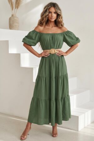 ΦΟΡΕΜΑ MIDI OFF SHOULDER ΜΕ ΖΩΝΗ ΣΤΗ ΜΕΣΗ - ΧΑΚΙ