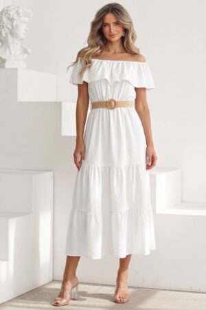 ΦΟΡΕΜΑ MIDI OFF SHOULDER ΜΕ ΖΩΝΗ - ΛΕΥΚΟ