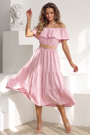 ΦΟΡΕΜΑ MIDI OFF SHOULDER ΜΕ ΖΩΝΗ - ΡΟΖ