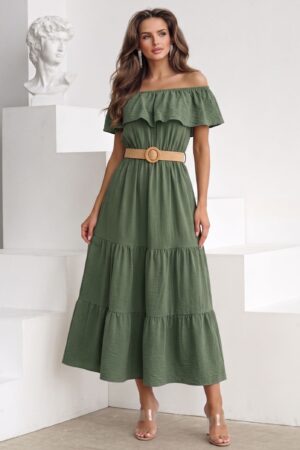 ΦΟΡΕΜΑ MIDI OFF SHOULDER ΜΕ ΖΩΝΗ - ΧΑΚΙ